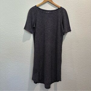 Eileen Fisher Dress Navy and Cream Striped Midi Hemp & Cotton Blend Minimalist